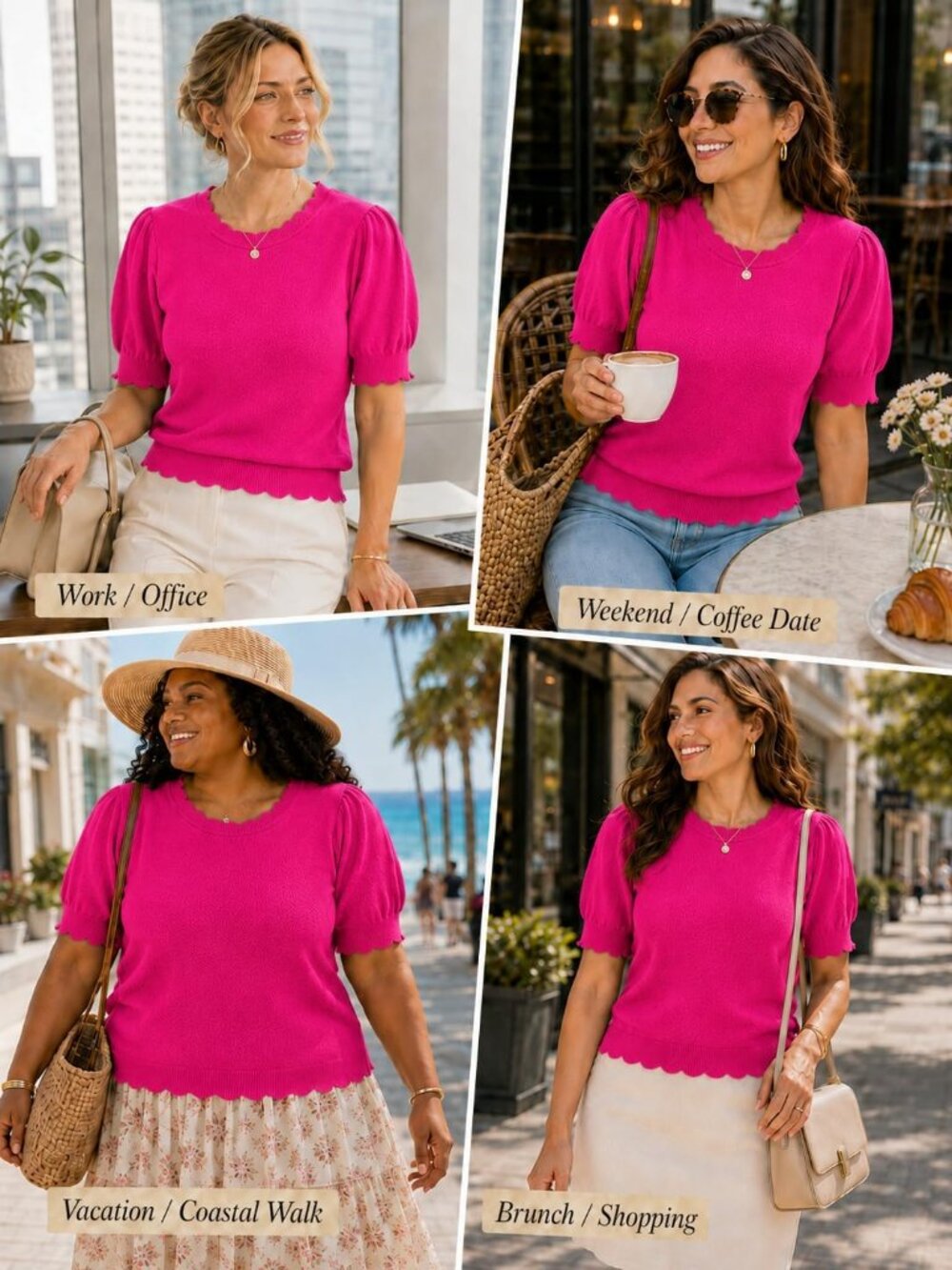 Women's Rose Red Short Sleeve Crew Neck Pull On Imported Casual Sweater - Picture 2 of 5